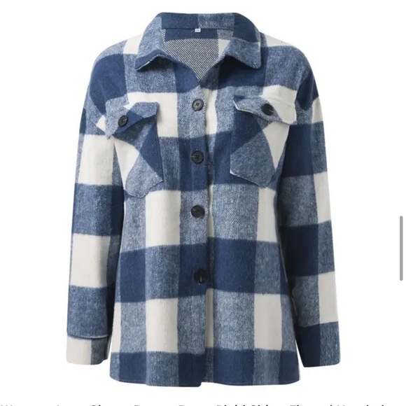 4 Blue Warm Brushed Soft Plaid Checker Flannel Pocket Shacket - Picture 7 of 8